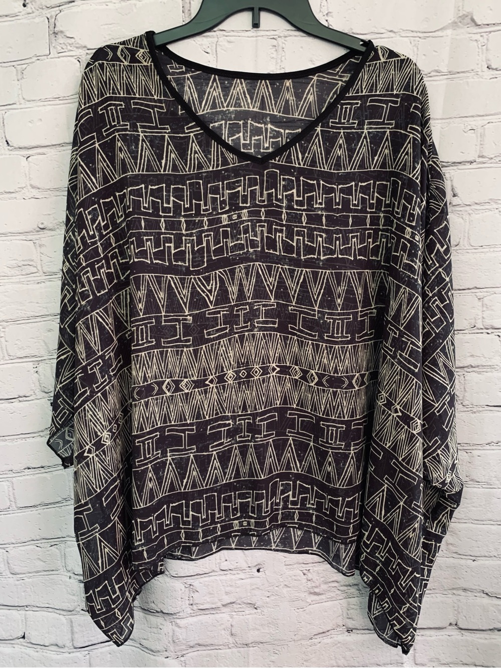 Sheer Black & Ivory Geometric V-Neck Boho Chiffon Blouse
